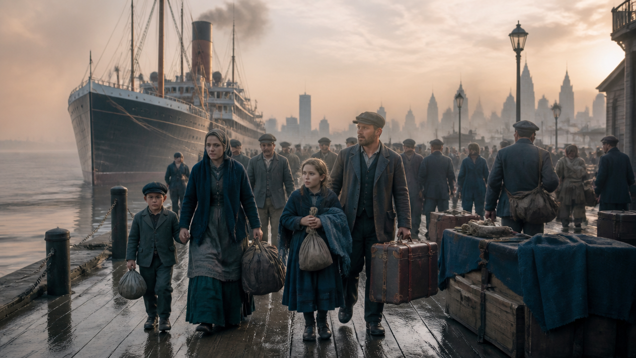19th century European immigrants arriving at a U.S. harbor with luggage and hopeful expressions