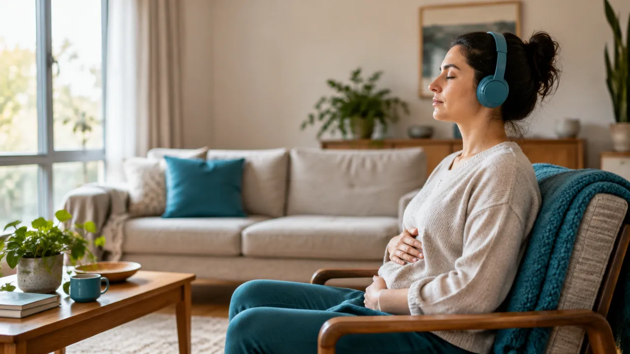 A beginner listening to a guided meditation and gently returning attention to the breath