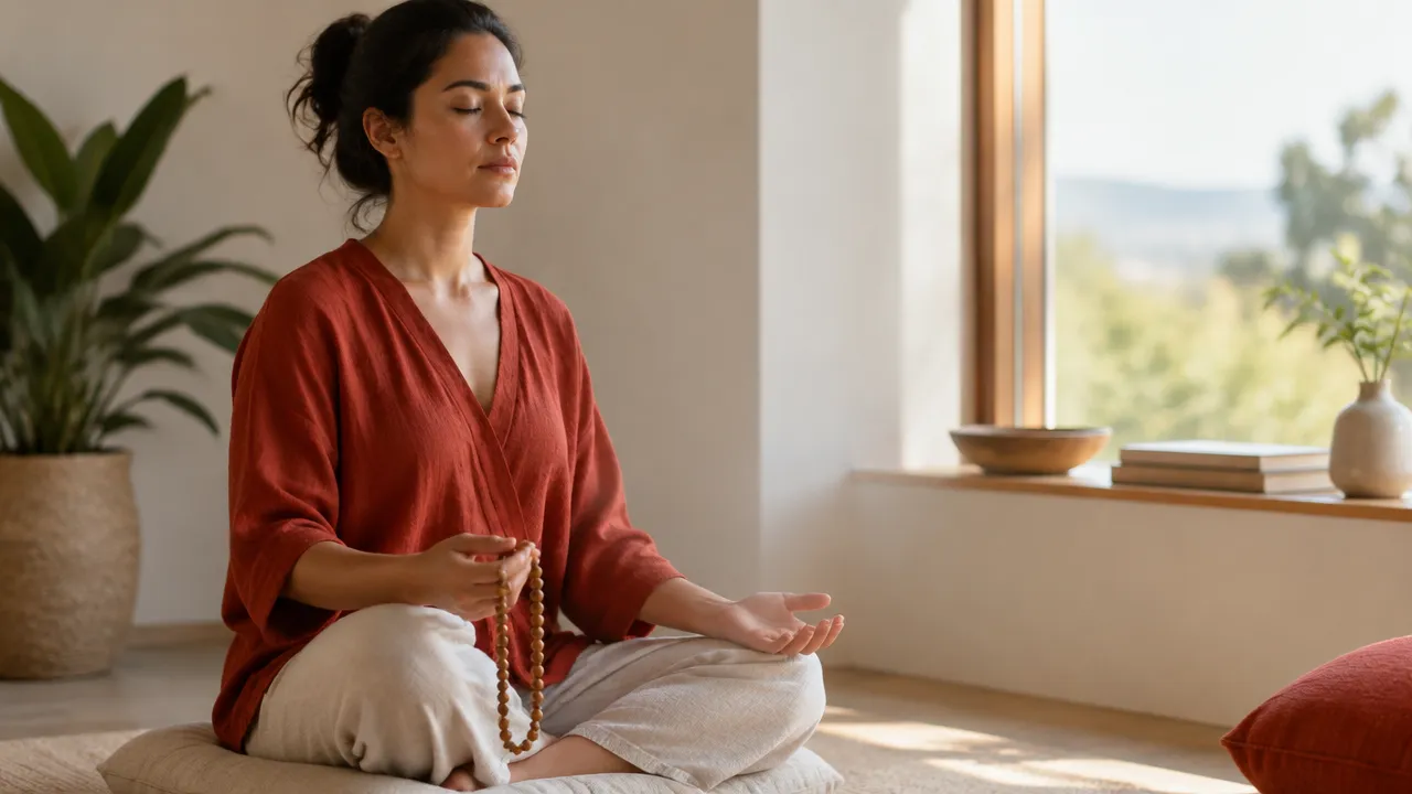 A beginner practicing silent mantra repetition with a simple strand of wooden beads