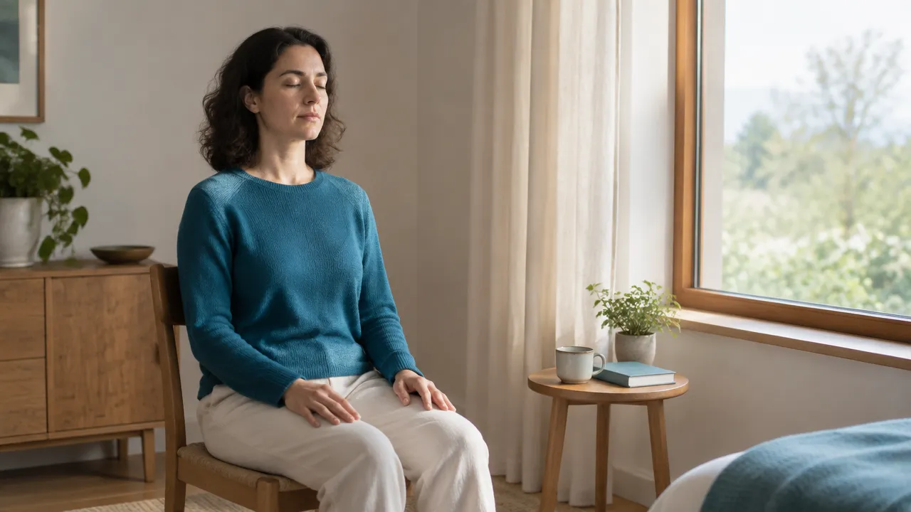 A beginner sitting comfortably with eyes closed during a quiet meditation session at home.