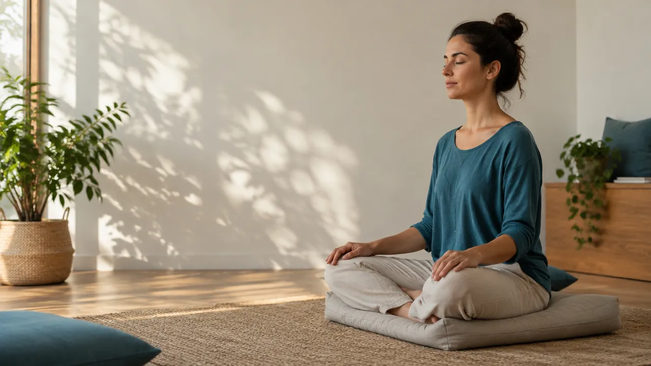 A beginner sitting quietly in a home meditation space with soft morning light.
