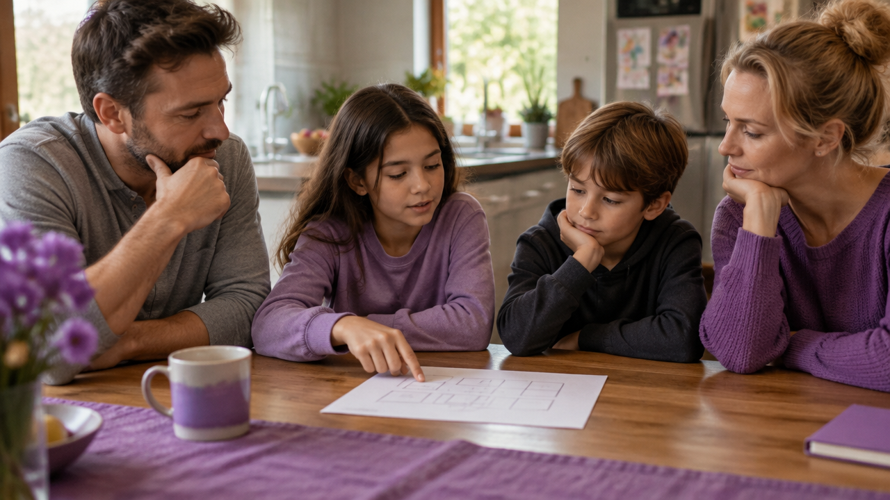 A blended family discussing household decisions together at a kitchen table
