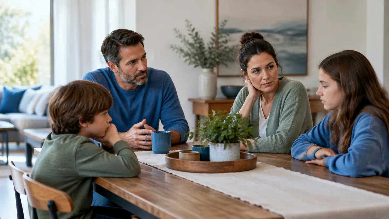 A blended family having a thoughtful, slightly tentative conversation around a dining table