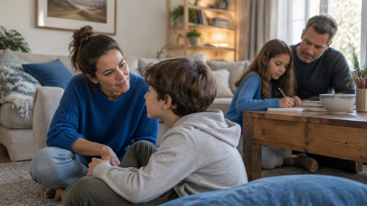 A blended family sharing a calm, attentive moment at home as trust develops through listening and connection.
