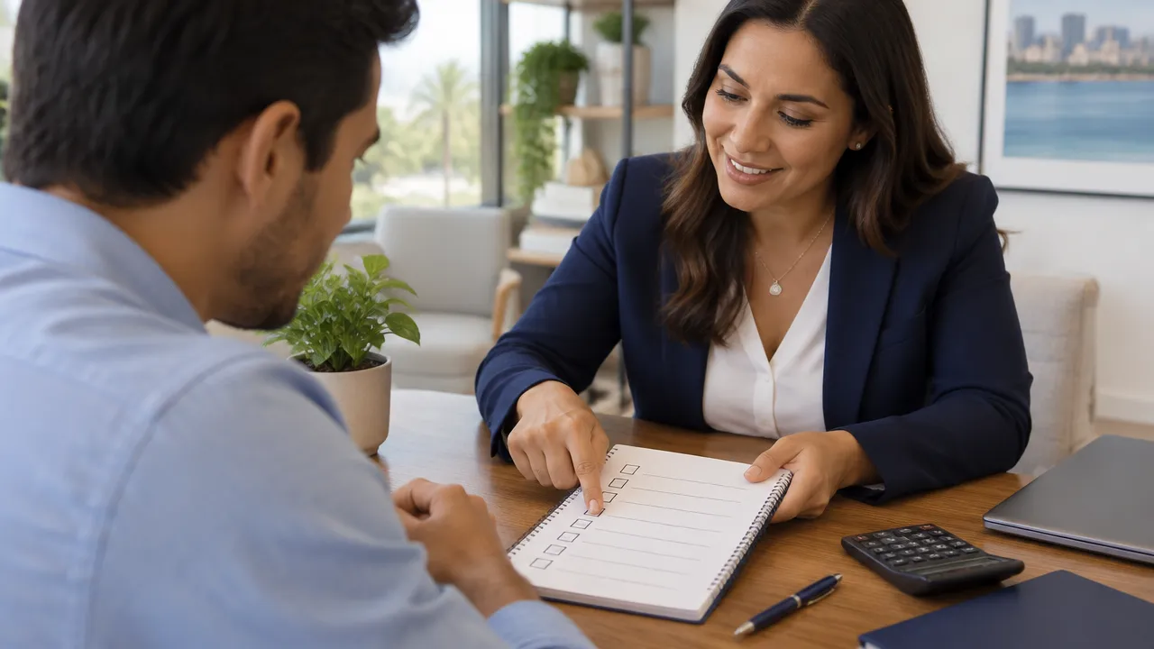 A borrower and mortgage advisor review a first-call checklist together