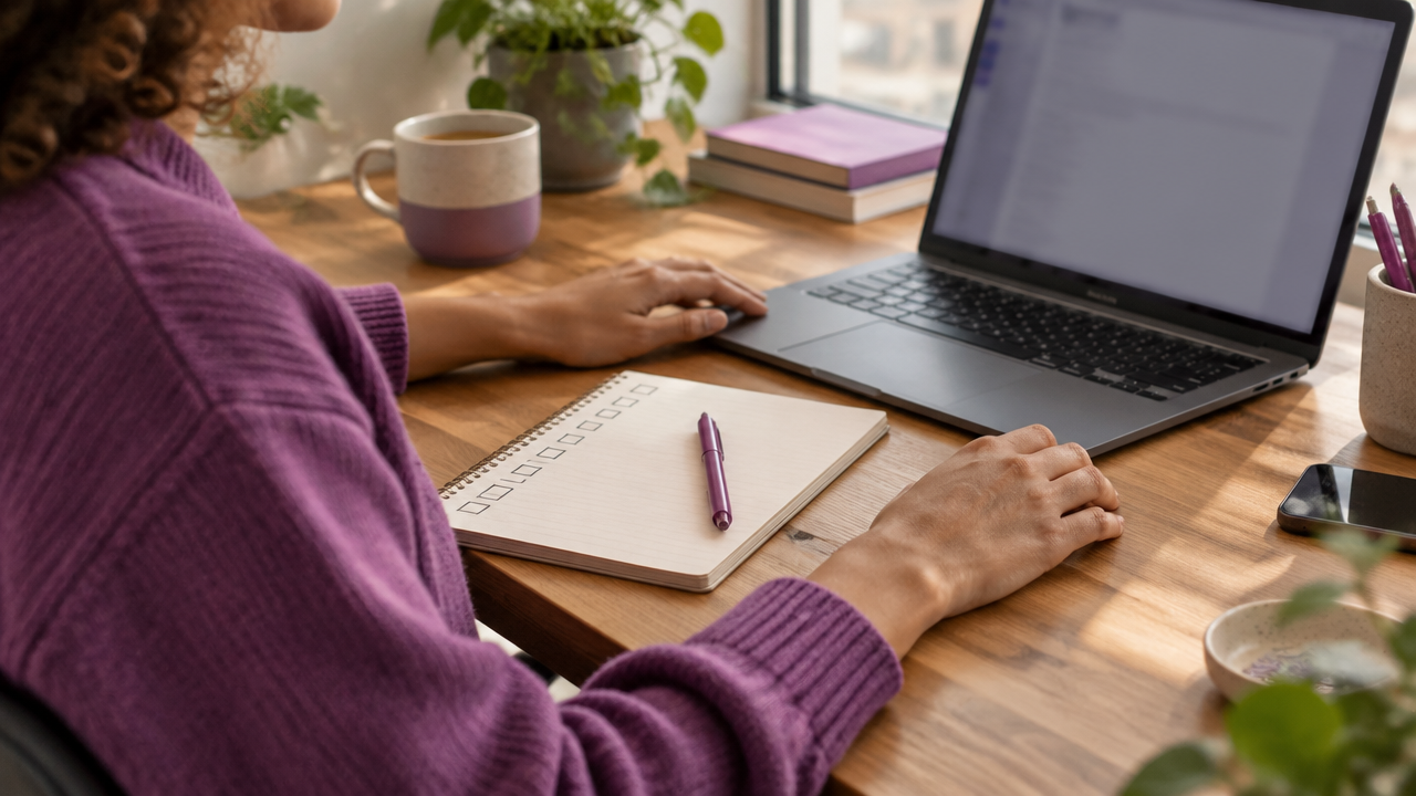 A brief mindful pause between tasks at a laptop during a busy workday