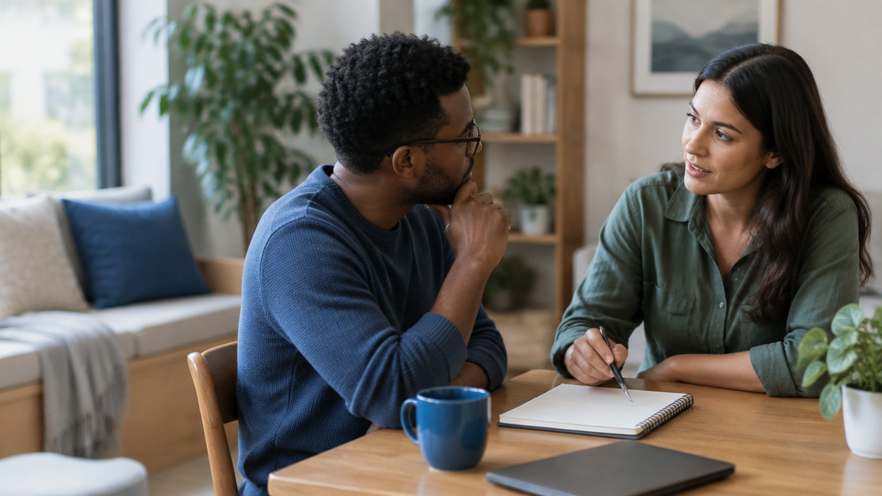 Two people discuss impact, responsibility, repair, and follow-through in a calm conversation
