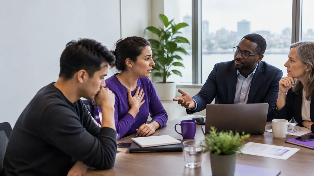 A calm facilitator invites different perspectives during a team decision meeting
