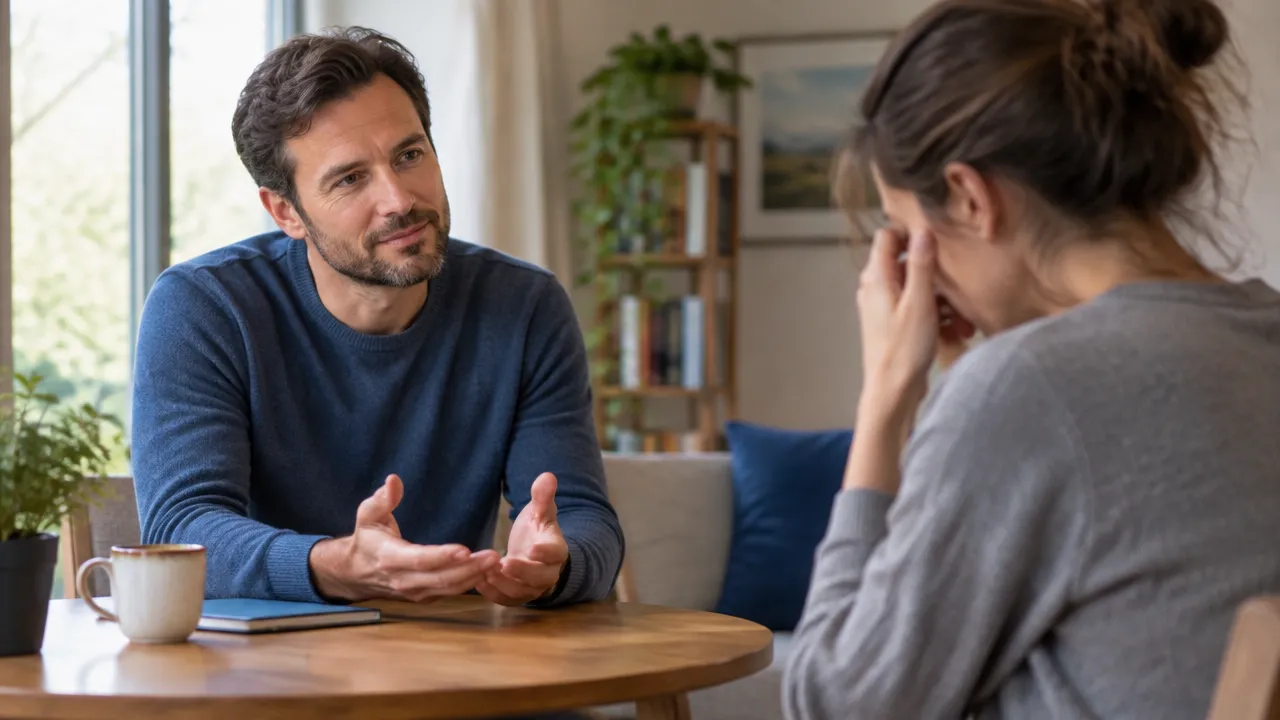 A calm listener gives an upset person space during a conversation, illustrating empathy with healthy emotional boundaries.