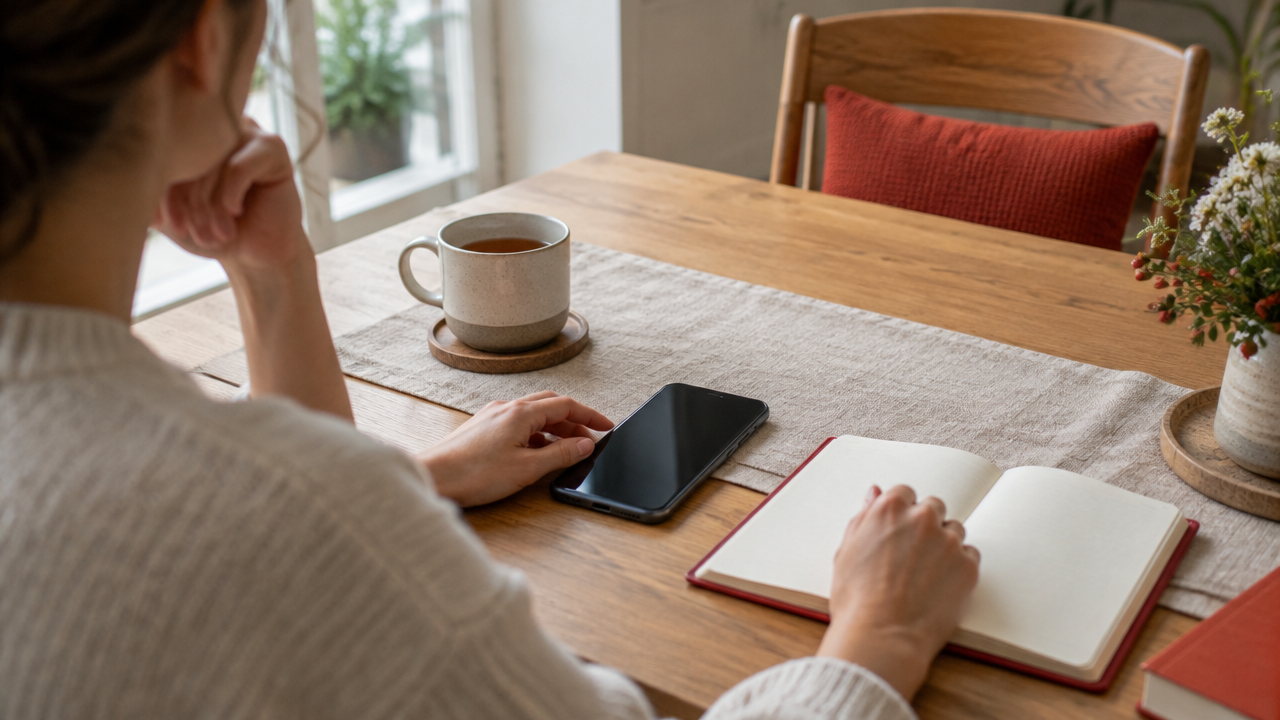 A calm pre-posting pause with a phone, tea, and an open journal