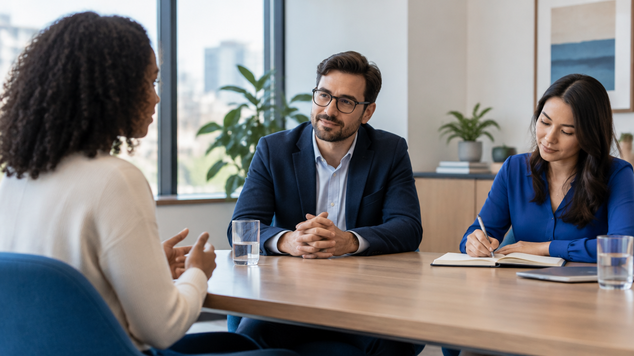 A candidate and two interviewers having a thoughtful, attentive conversation in a bright meeting room