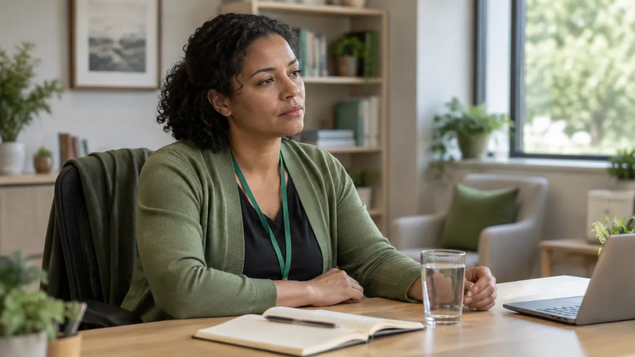 A care professional taking a quiet pause at a desk, reflecting the need to notice emotional depletion.