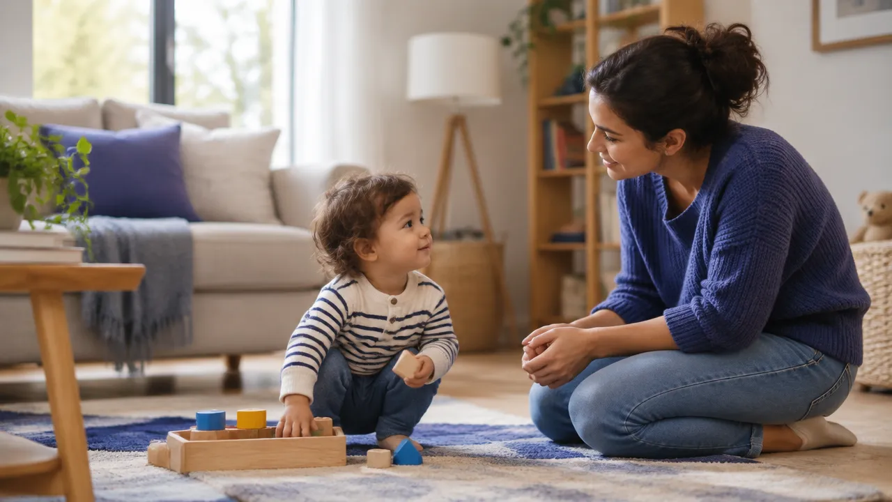 A caregiver calmly reassures a curious young child exploring nearby