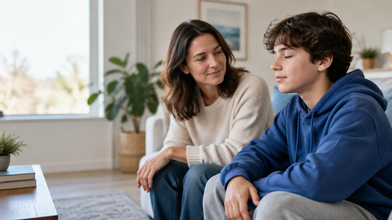 A caregiver calmly supports a teenager practicing a quiet breathing pause at home