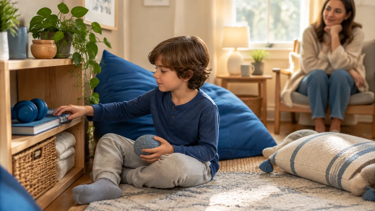 A child chooses calming sensory objects in a comfortable home quiet corner