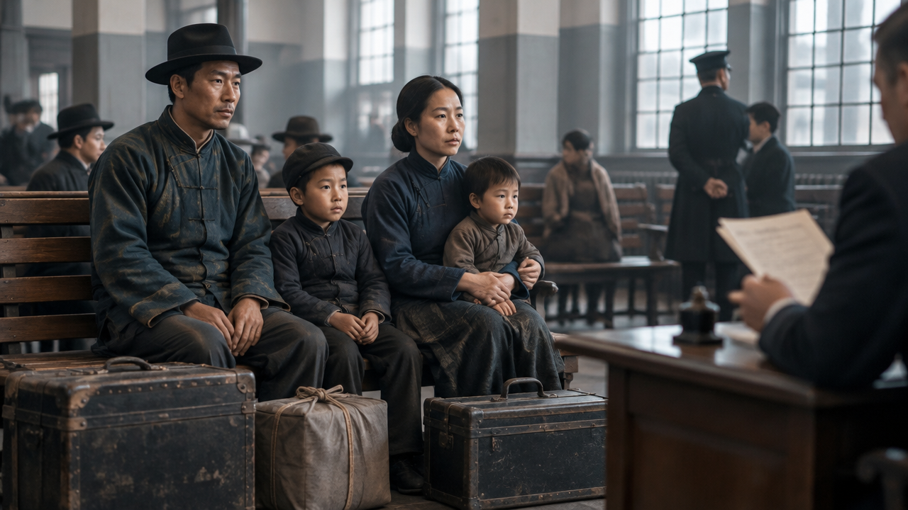 A Chinese immigrant family waits with travel trunks in a historic immigration station, illustrating exclusion-era inspection and family separation.