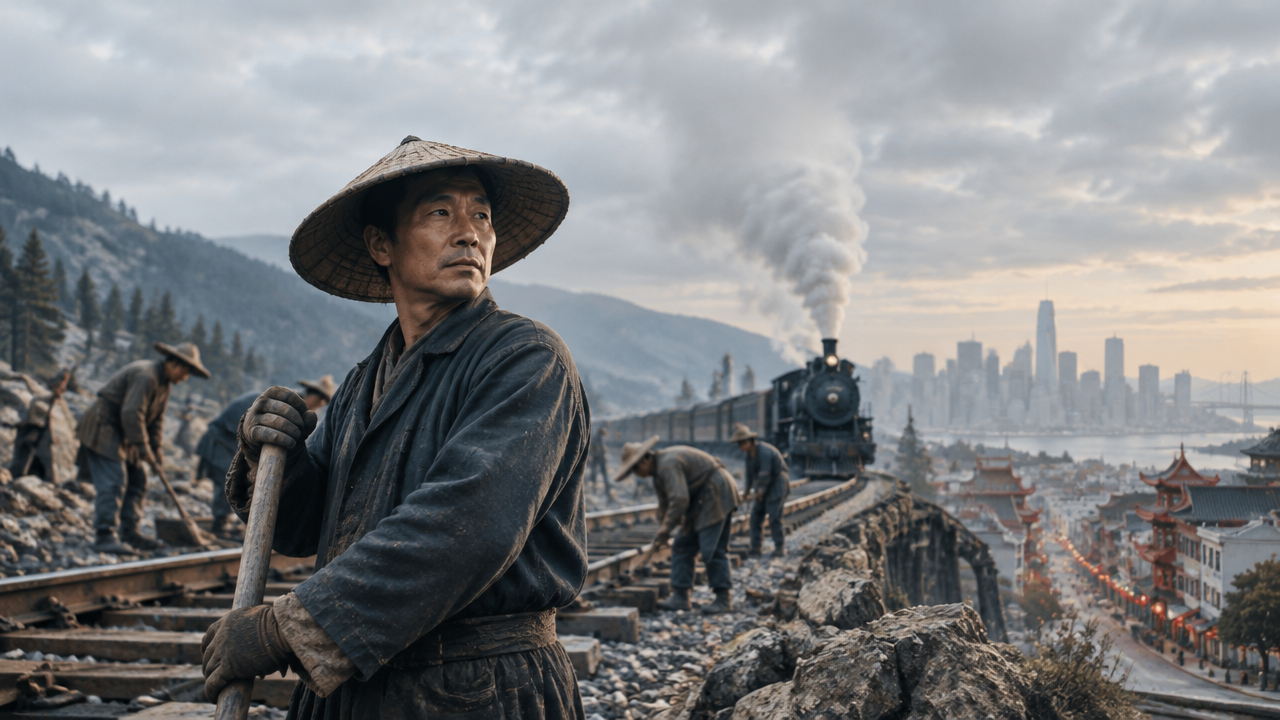 A Chinese railroad worker at a nineteenth-century rail construction site, with a modern American city in the distance, representing the history of Chinese immigration.