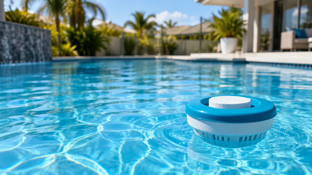 A chlorine tablet inside a floating dispenser on a clear backyard pool