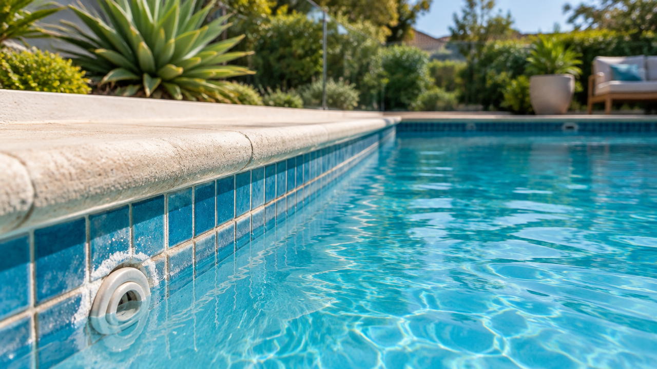 A clear home swimming pool with a small patch of white calcium scale along the tiled waterline