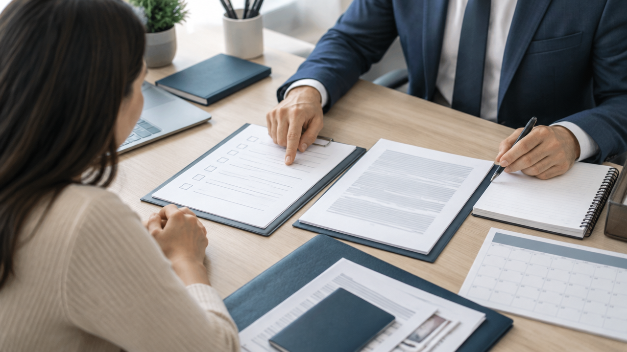 A client and immigration attorney compare a service agreement, case checklist, and timeline