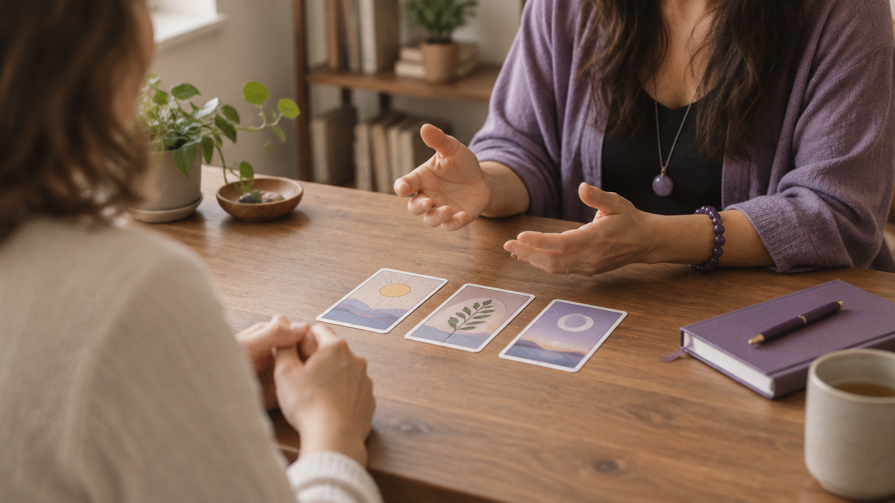 A client and tarot reader review a simple three-card spread beside a notebook during a calm consultation