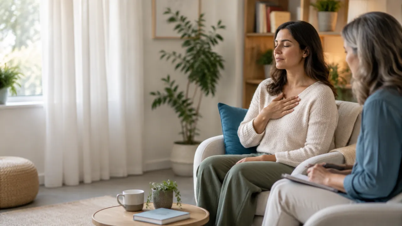A client practices calm body awareness during a supportive therapy session