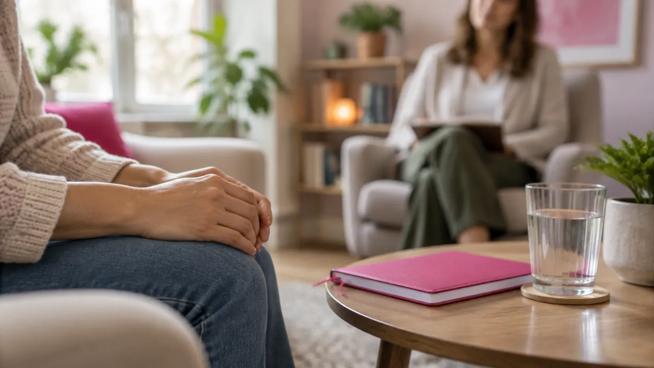 A client’s relaxed hands beside a notebook in a calm therapy room, representing a paced and collaborative first session.