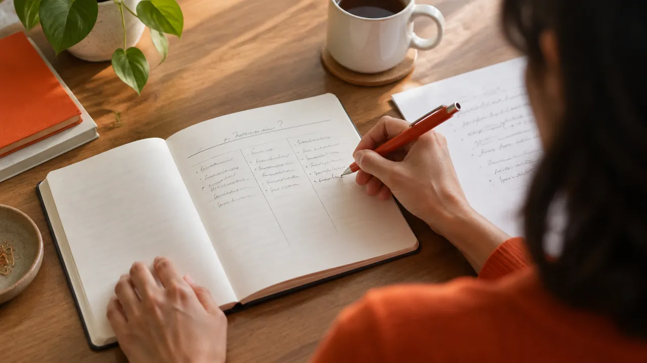 A close view of someone writing a structured reflection and next steps in a notebook.
