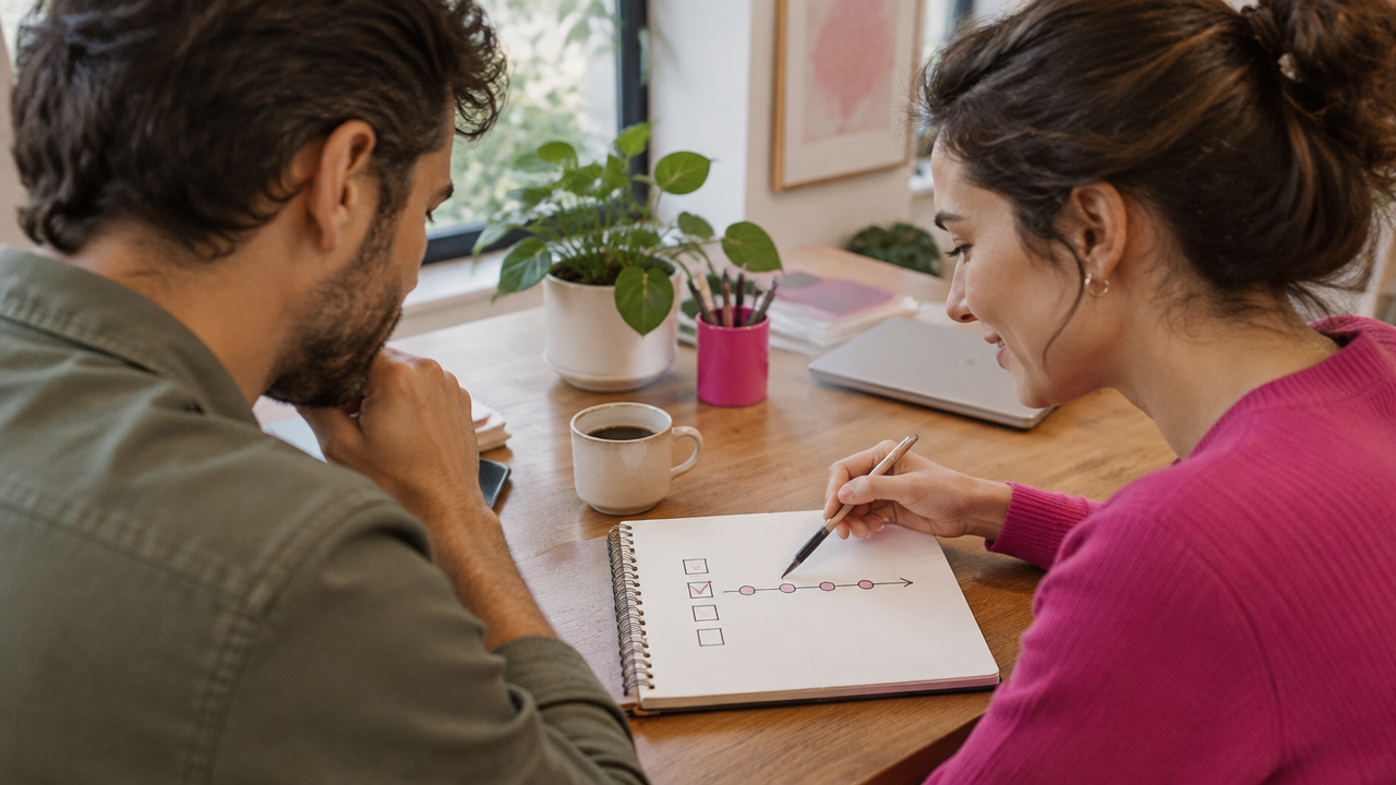 A coach and client map small, realistic next steps together in a notebook