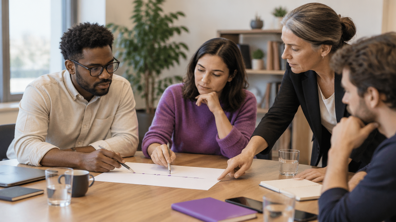 A coach and team members examine meeting patterns together in a calm, nonjudgmental discussion