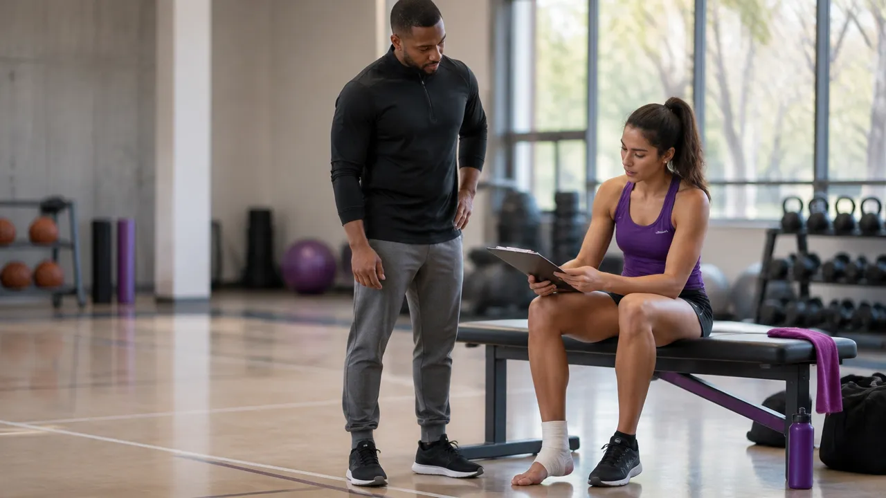 A coach discusses training options with an athlete recovering from a minor injury while the athlete leads the plan