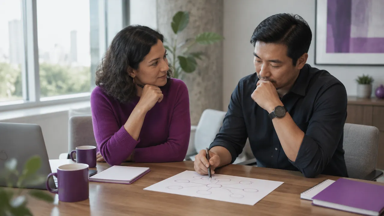 A coach listens as a global team leader maps relationships and communication patterns on paper