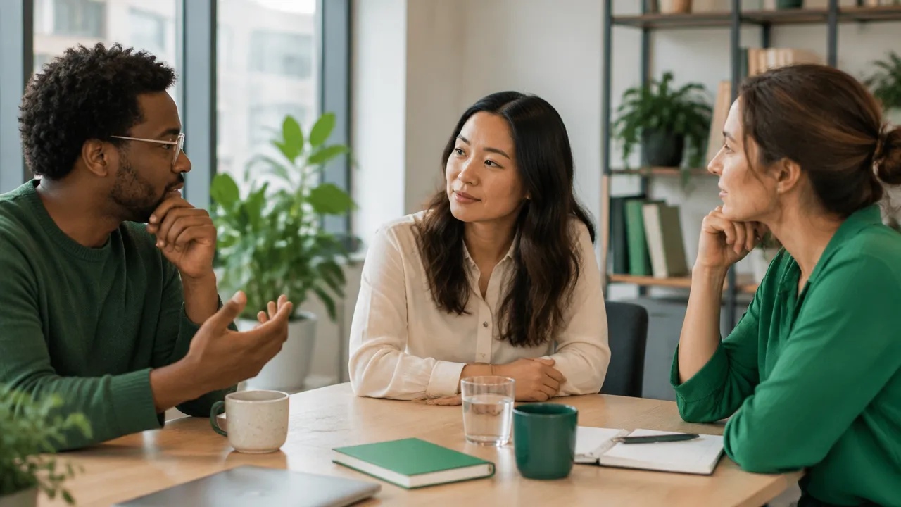 A colleague considers speaking while teammates signal attention and encouragement in a discussion