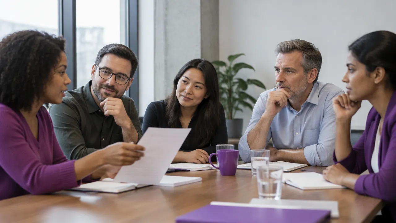 A colleague considers voicing a different opinion during a team discussion.