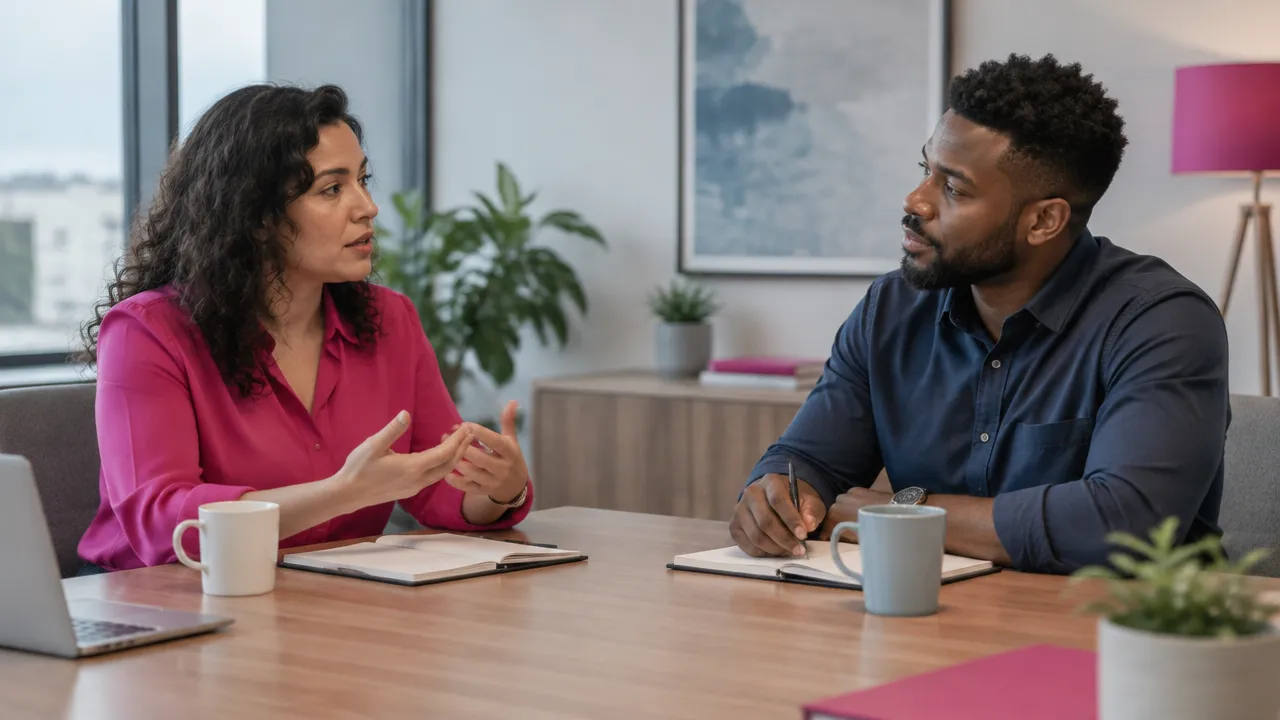 A colleague listens during a tense conversation and pauses before responding thoughtfully