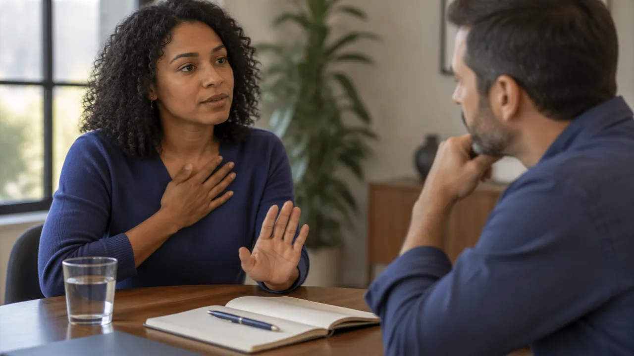 A colleague pauses and takes a breath before responding in a tense conversation