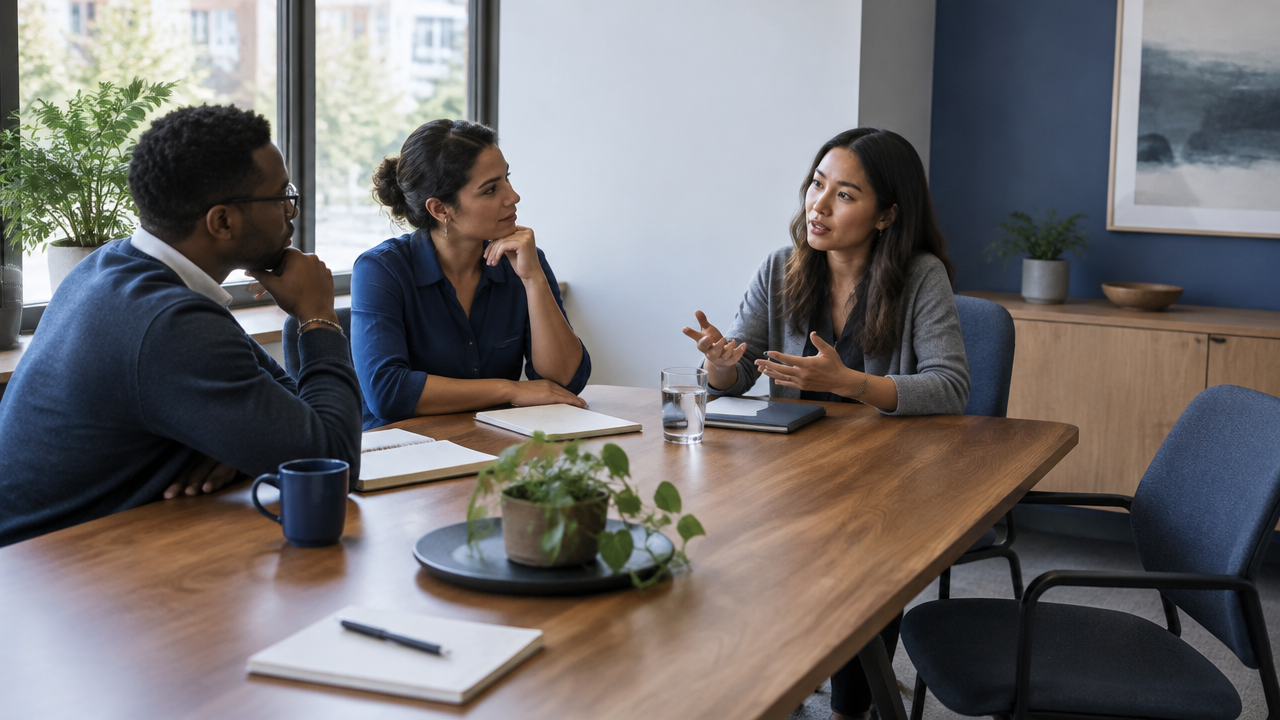 A colleague raises a concern while a team listens, with an empty chair representing absent stakeholders