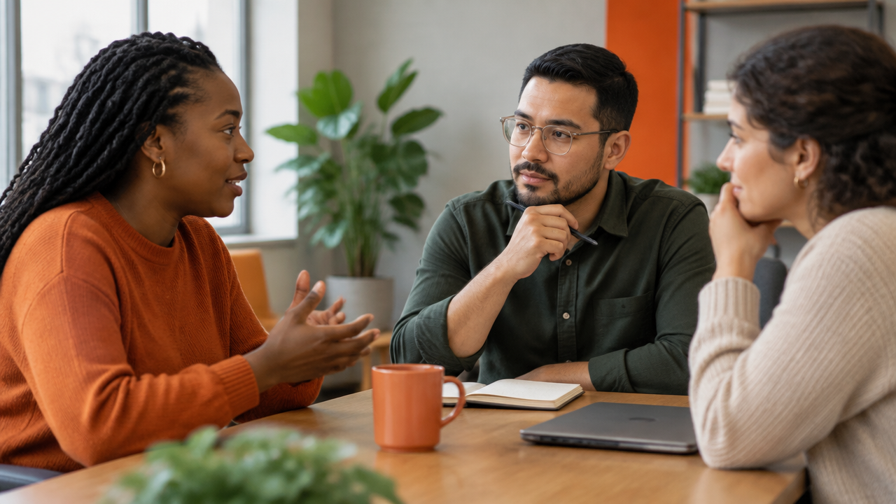 A colleague shares a concern while two teammates listen attentively in a psychologically safe meeting