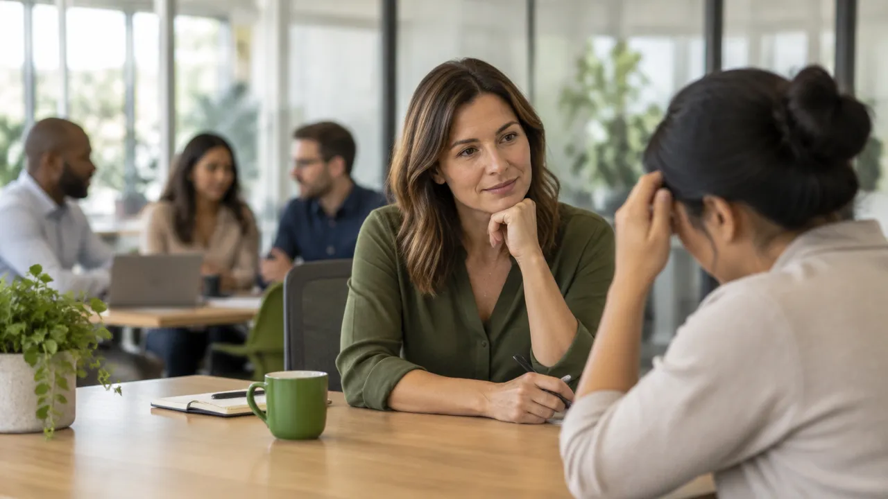 A composed team leader listens empathetically to a stressed colleague while maintaining calm boundaries in a modern office.