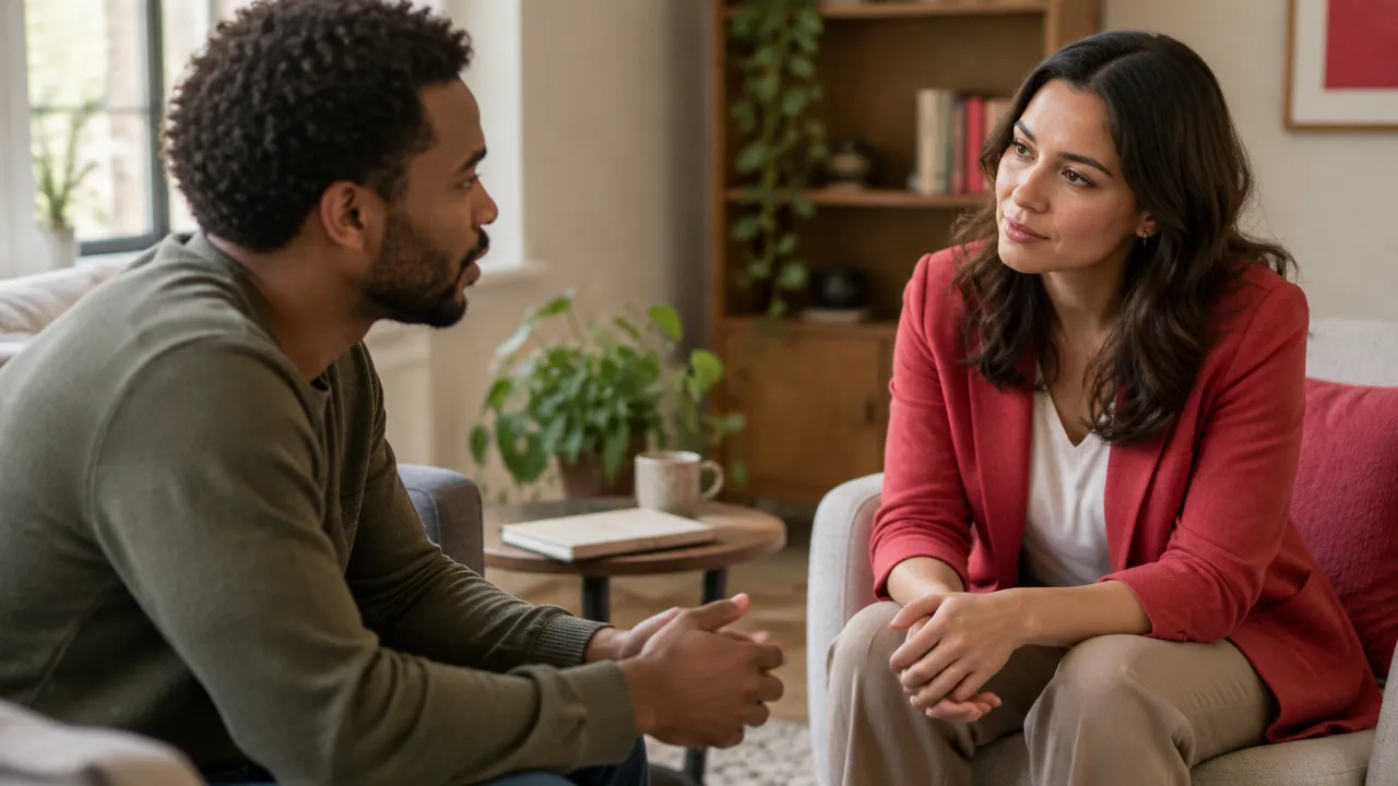 A counselor listening attentively as a client reflects during a supportive conversation