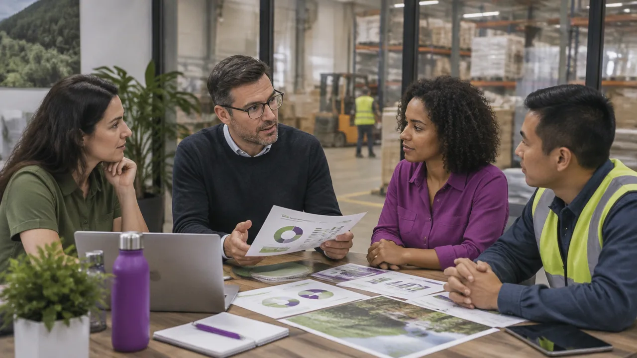 A cross-functional team reviews social and environmental impact measures as part of everyday business operations