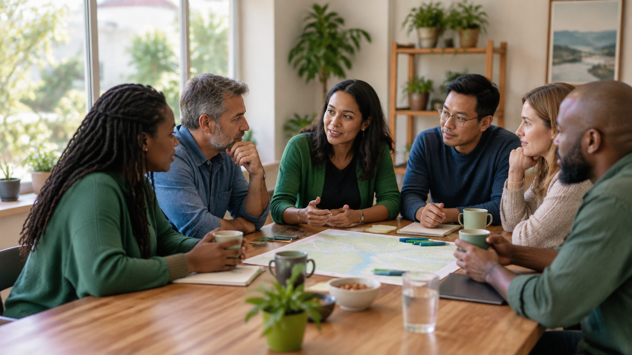 A diverse community group plans practical ways to support one another through shared stress