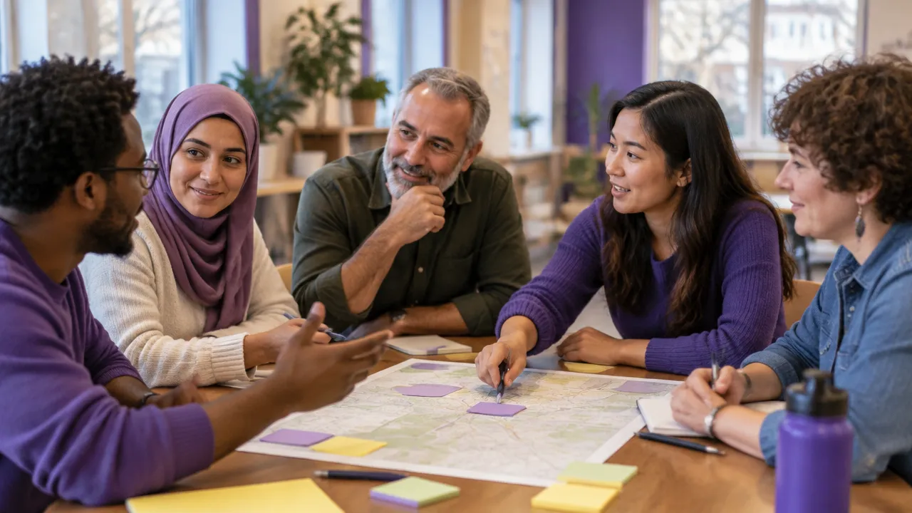 A diverse community group working together on a shared local planning task