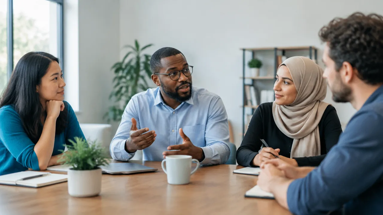 A diverse group of colleagues listening attentively to one another during a cross-cultural conversation