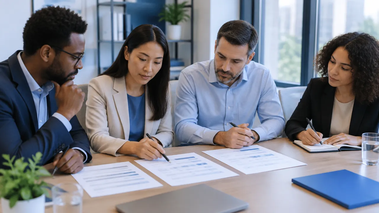 A diverse hiring panel compares standardized candidate scorecards using consistent criteria.