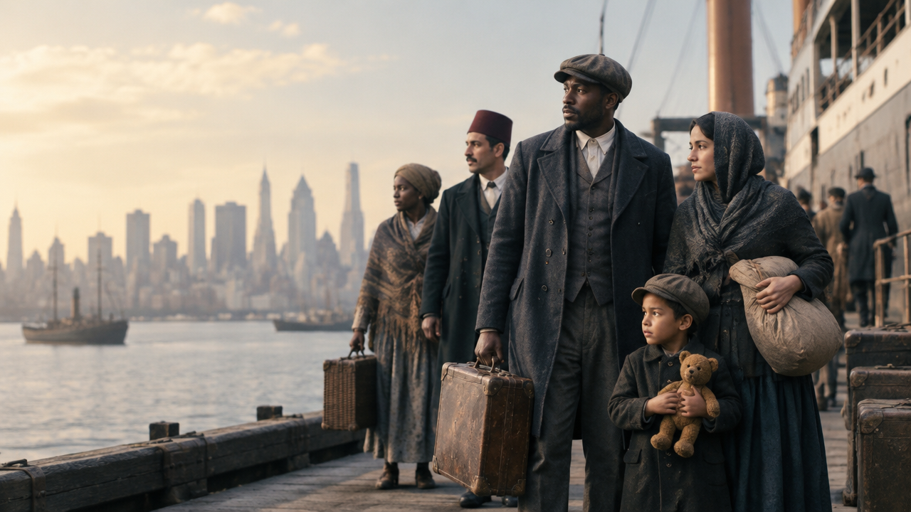 A diverse immigrant family arriving at an American port, representing African, Middle Eastern, and Jewish immigration history