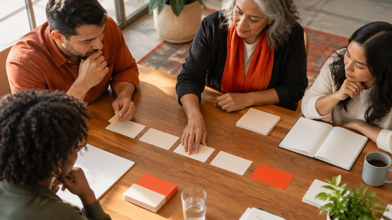 A diverse leadership team maps lessons from intergenerational stories onto present-day decisions.