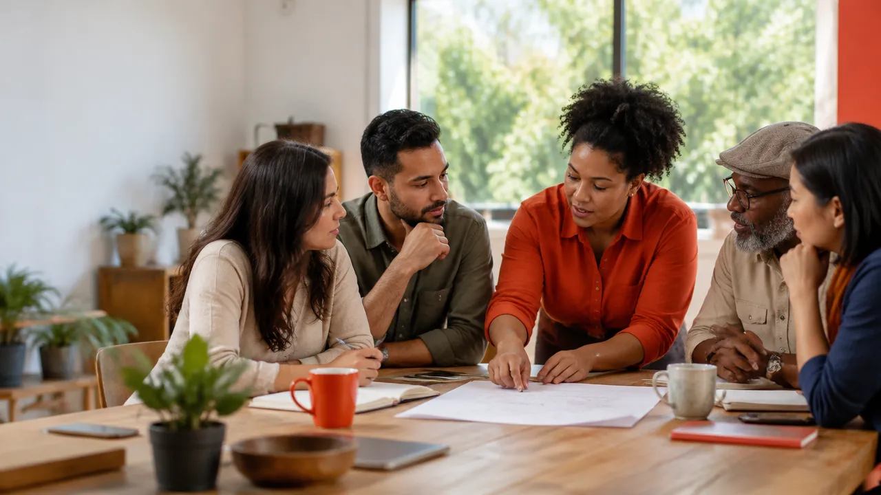 A diverse team and community partners collaborating in a bright workspace, representing socially responsible organizations.