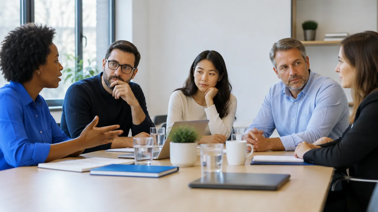 A diverse team in a meeting, showing subtle patterns of hesitation and guarded communication