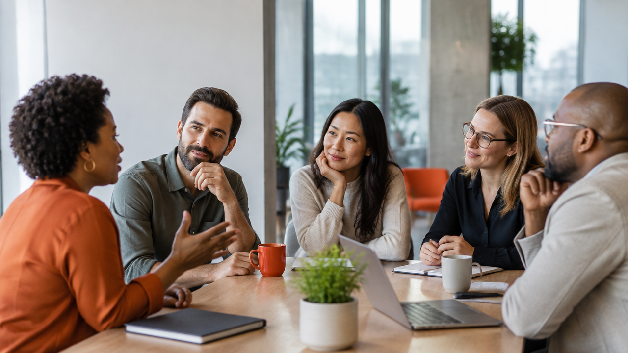 A diverse team listening attentively to a colleague during a calm workplace discussion